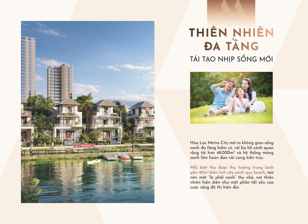 Hòa Lạc Metro City 16 Hệ thống cảnh quan của dự án bao gồm ba hồ cảnh quan với tổng diện tích hơn 48.000m², tạo nên một không gian xanh mát rộng lớn. Mảng xanh liền mạch chạy xuyên suốt dự án, đảm bảo mỗi căn nhà đều thụ hưởng gần 40m² diện tích cây xanh.