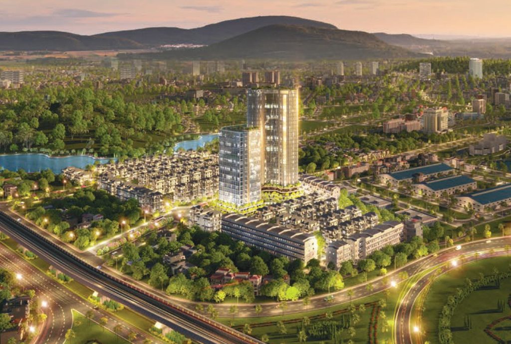 Hòa Lạc Metro City 6 Phối cảnh tổng thể Hòa Lạc Metro City với hai tòa tháp cao tầng nổi bật, khu biệt thự và liền kề bao quanh
