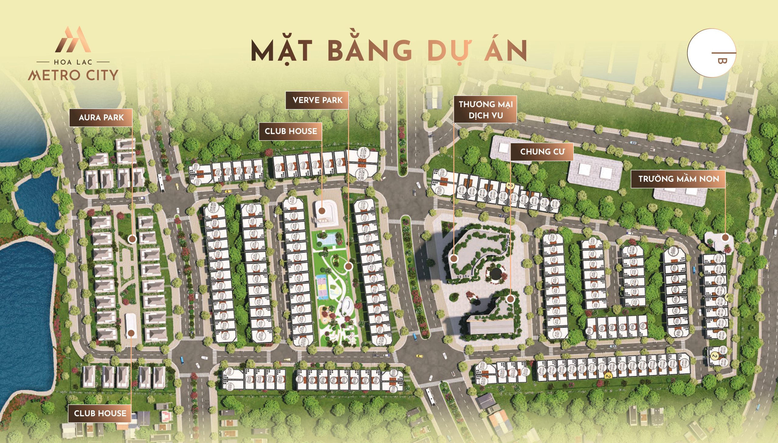 Hòa Lạc Metro City 10 Mặt bằng tổng thể Hòa Lạc Metro City – Quy hoạch bài bản, tiện ích đồng bộ với khu biệt thự, shophouse, chung cư, trường mầm non, công viên Aura Park, Verve Park, cùng hệ thống Club House, thương mại – dịch vụ.